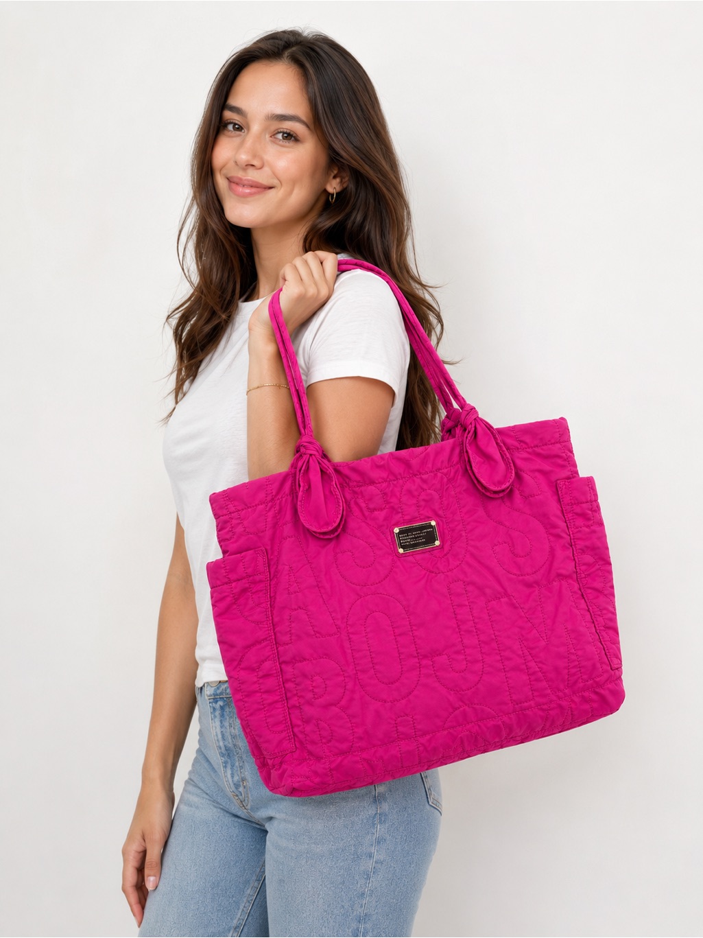 Marc Jacobs Workwear Pink Embroidered Logo Quilted Tote Bag W Divided Interior